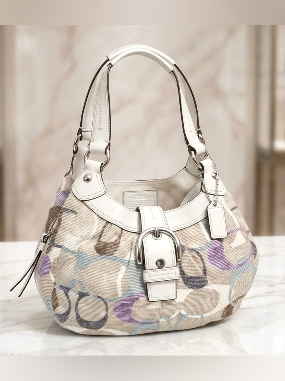 COACH Soho F16590 Shoulder Bag Tote Charm Multicolor Canvas Beige Purse Leather